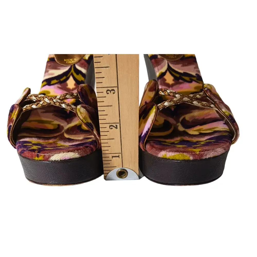 MISSONI Colorful Velvet Heel Sandal 35 High Wedge Ankle Straps Purple Green Gold